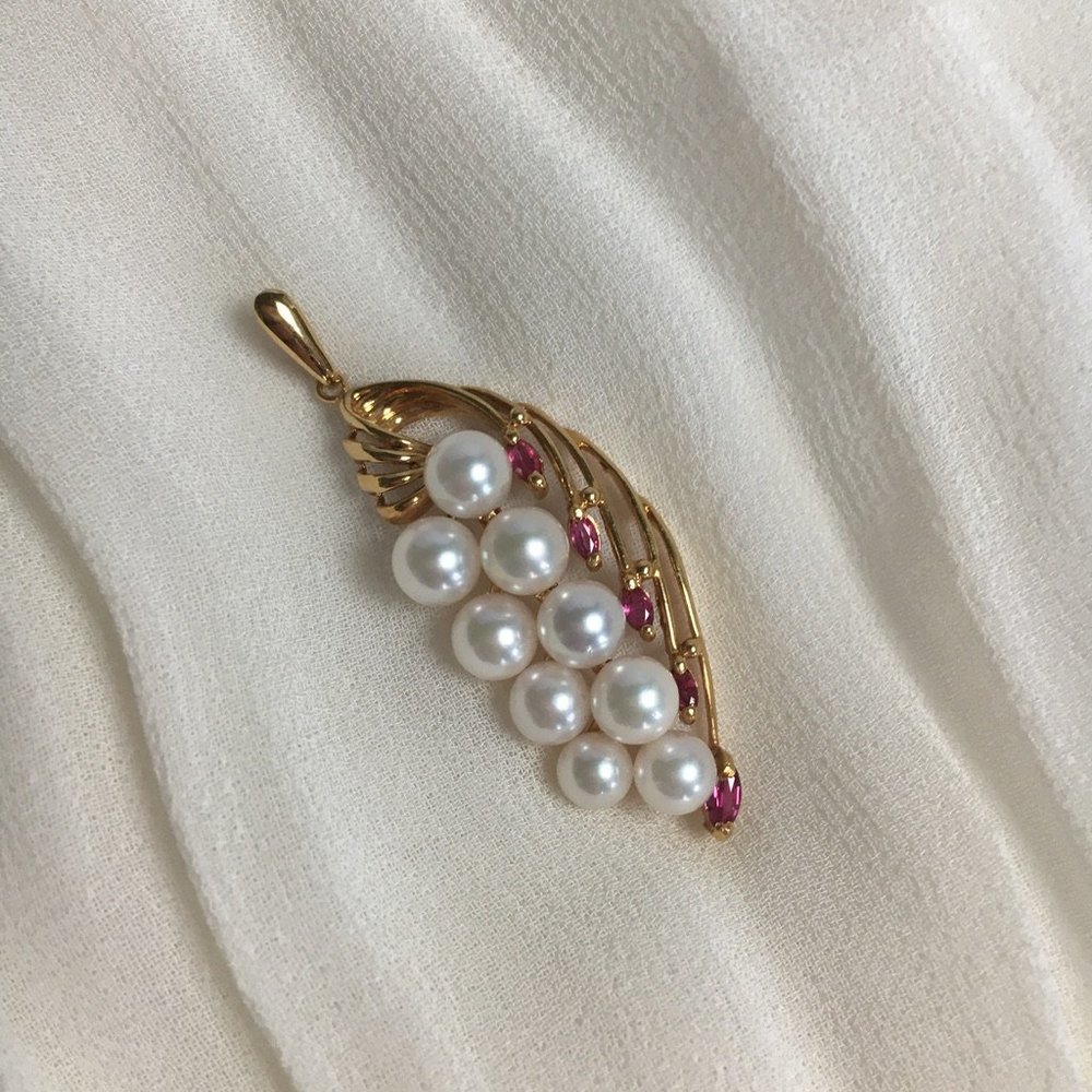 18K Solid Gold Pearl & Ruby Pendant